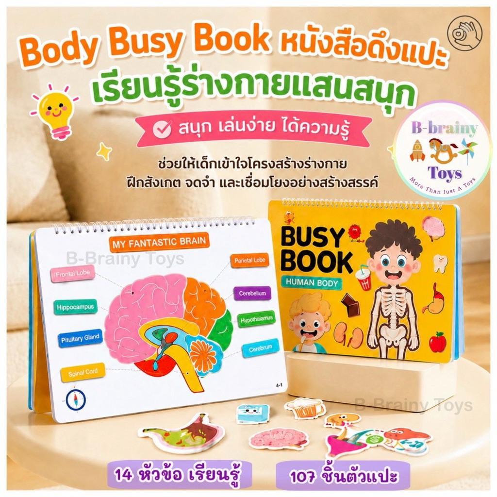 Busy book หนังสือกิจกรรมดึงแปะ ร่างกายมนุษย์ 14 หมวด 107 ชิ้น ฝึกสมองคิดเชื่อมโยง ของเล่นเสริมพัฒนาการเด็ก 4 ปีขึ้นไป