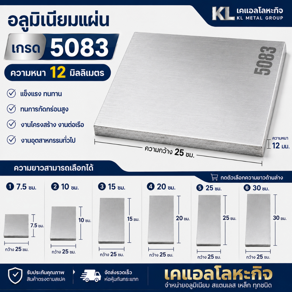 แผ่นอลูมิเนียม 5083 หนา 12 มม. กว้าง 250 มม. AL5083 เลือกความยาวได้