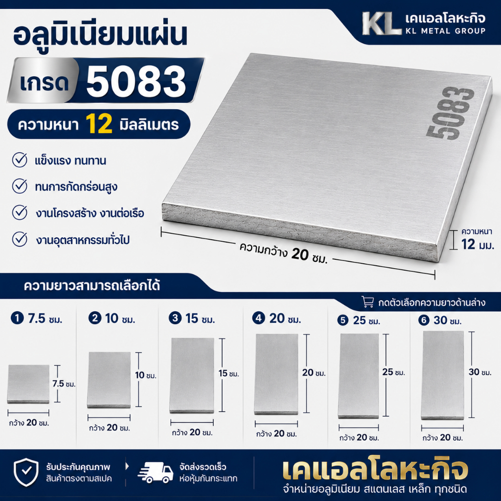 แผ่นอลูมิเนียม 5083 หนา 12 มม. กว้าง 200 มม. AL5083 เลือกความยาวได้
