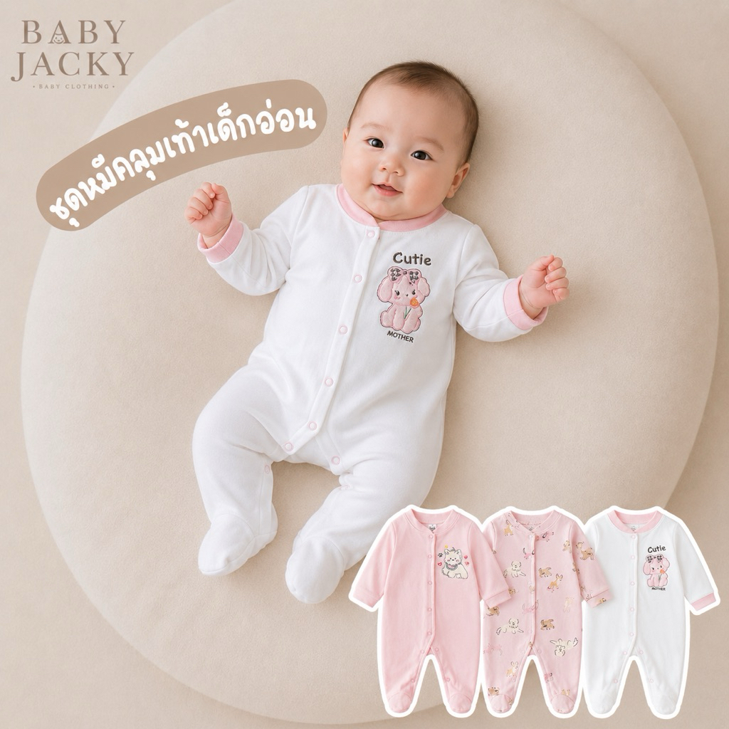 Baby Jacky (ร้านไทย) ชุดนอนเด็ก ชุดหมียาวคลุมเท้า เด็กแรกเกิด - 9เดือน เซ็ต3ชุด ผ้าคอตตอน สินค้าได้เป็นเซ็ตตามรูป