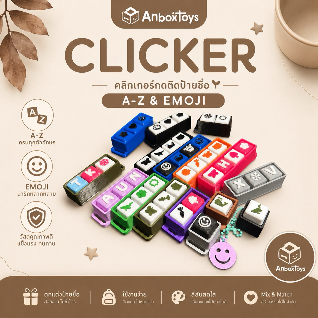คลิกเกอร์ติดป้ายชื่อ A-Z Emoji | ป้ายชื่อคีย์แคป ถอดเปลี่ยนตัวอักษรได้ | Clicker Name Tag