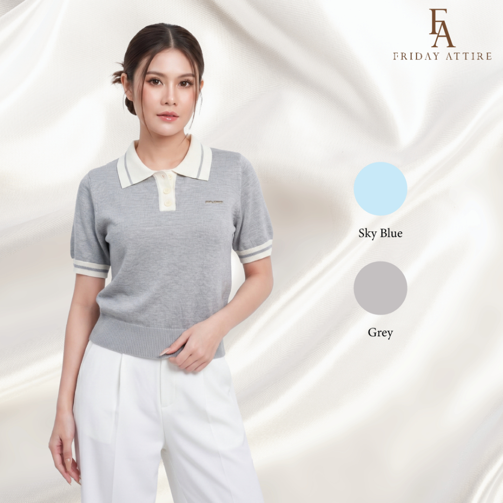 Friday Attire เสื้อไหมพรมคอปกแต่งเพลท (FT-159)