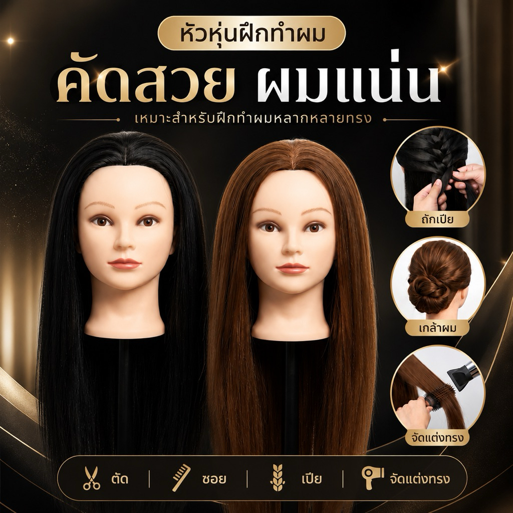 หัวหุ่นฝึกทำผม ผมหนา ไม่แหว่ง สำหรับนักเรียนช่าง ใช้ความร้อนได้