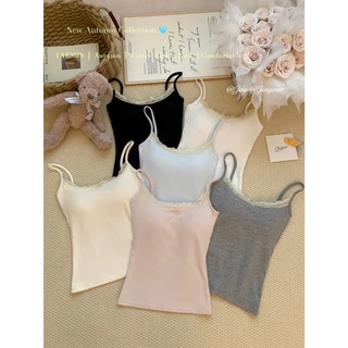 NEW✨Kulimula เสื้อกล้าม Lace Trim Cami Top สายเดี่ยวบางขอบลูกไม้ ผ้าร่องยืดรัดรูป สไตล์หวานเกาหลี