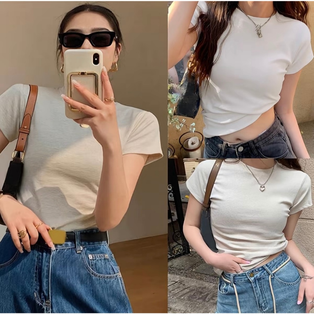 VISUKING เสื้อยืดสีขาวผู้หญิง/แขนสั้นรอบคอ ดูผอมลงเสื้อยืดฝ้ายขาว นุ่มมาก
