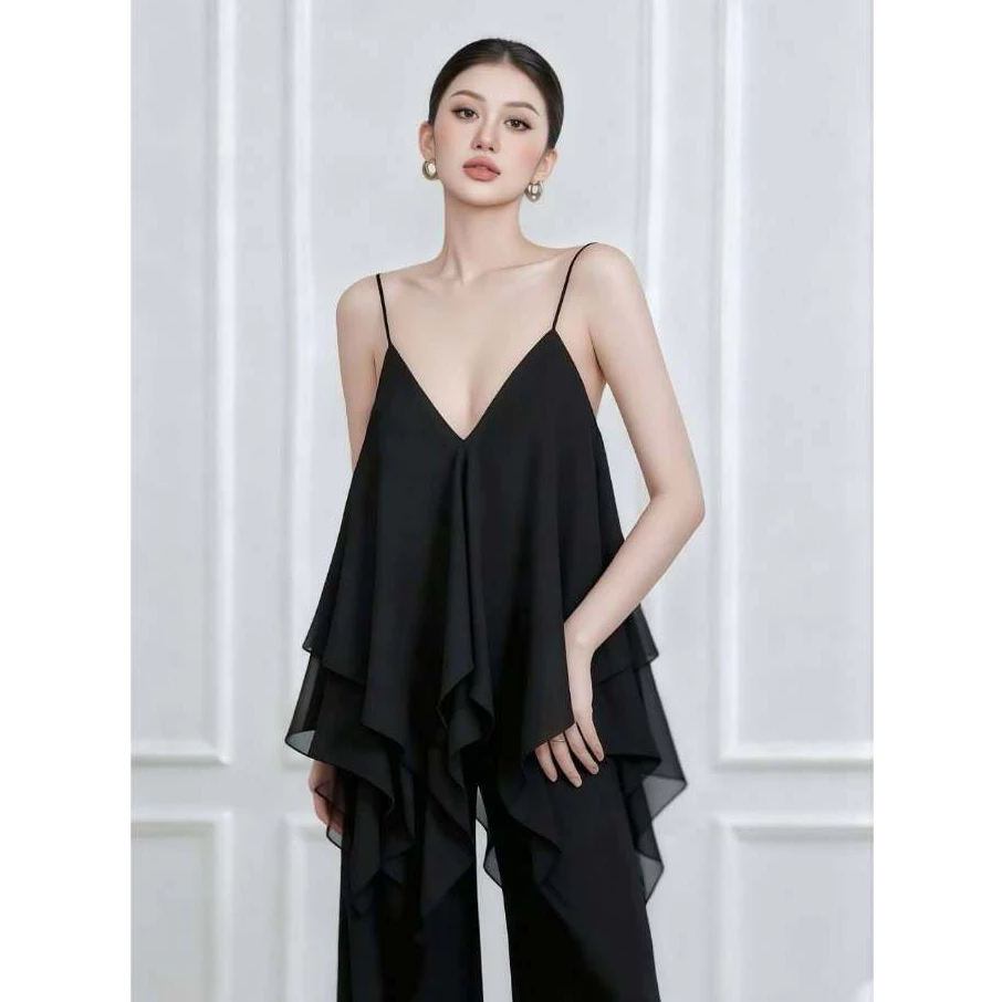 A12 blackset- เสื้อสายเดี่ยวผู้หญิง สีดำหรูชีฟองสองชั้น พร้อมกางเกงขายาว เซ็ตแฟชั่นเกาหลี เรียบหรู ใส่ออกงาน ใส่เที่ยว