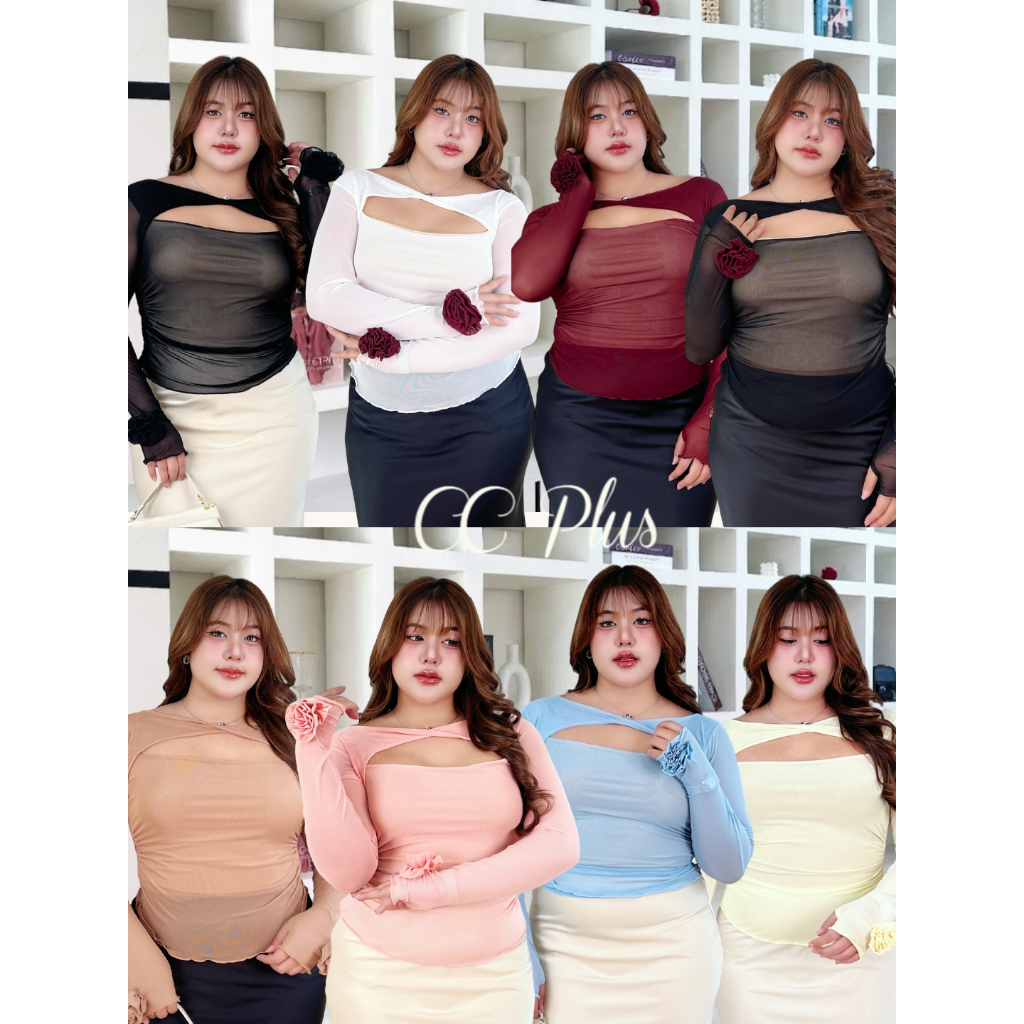 CiCi Plus+(J2710) เสื้อคัตเอาท์ช่วงอก ผ้าซีทรูแขนยาว ทรงเข้ารูป แต่งดอกกุหลาบ 3D ปลายแขน สำหรับสาวพลัสไซส์