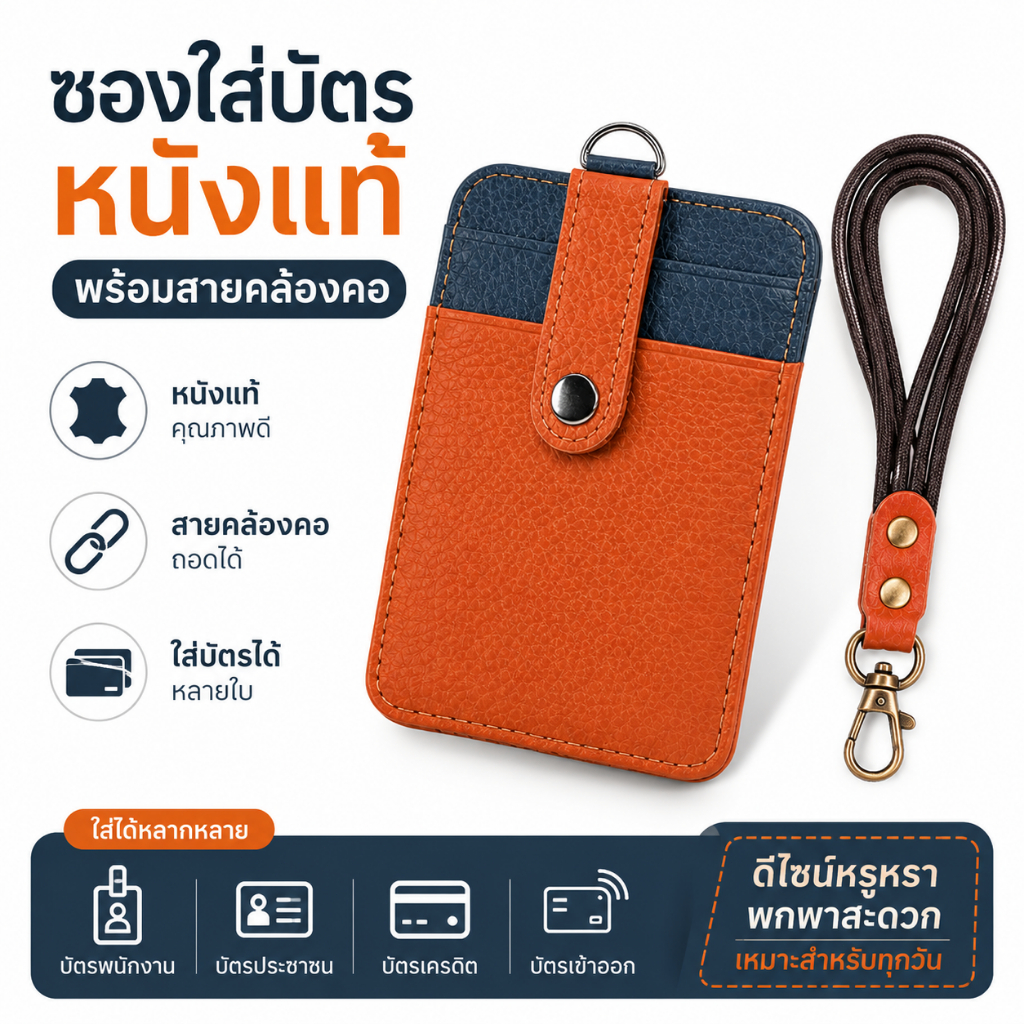 ที่ใส่บัตรหนังแท้ พร้อมสายคล้องคอ ซองใส่การ์ด บัตรพนักงาน บัตรประชาชน บัตรเครดิต Card Holder