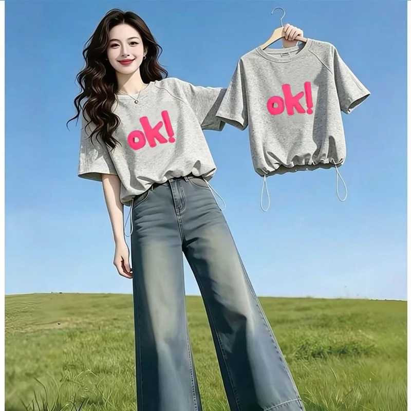 เสื้อครอปสาวอวบ oversize สไตล์ใหม่สำหรับฤดูร้อน มีเชือกผูก เสื้อยืดแขนสั้นทรงหลวมผู้หญิง ช่วยให้ดูผอมเพรียว สวมใส่สบาย