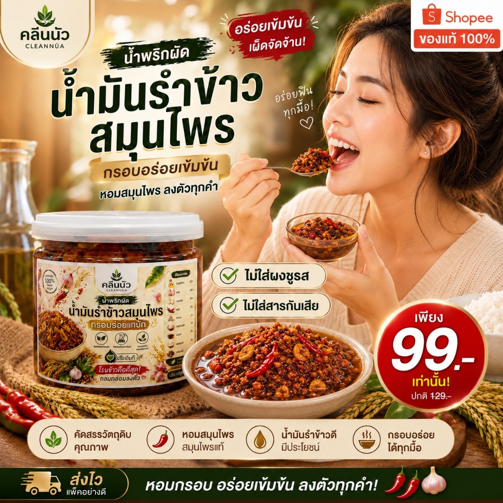 น้ำพริกผัดน้ำมันรำข้าว ตราคลีนนัว ได้มาตรฐาน อย. รสชาติจัดจ้านกรอบนัว มีไขมันดีจากน้ำมันรำข้าว