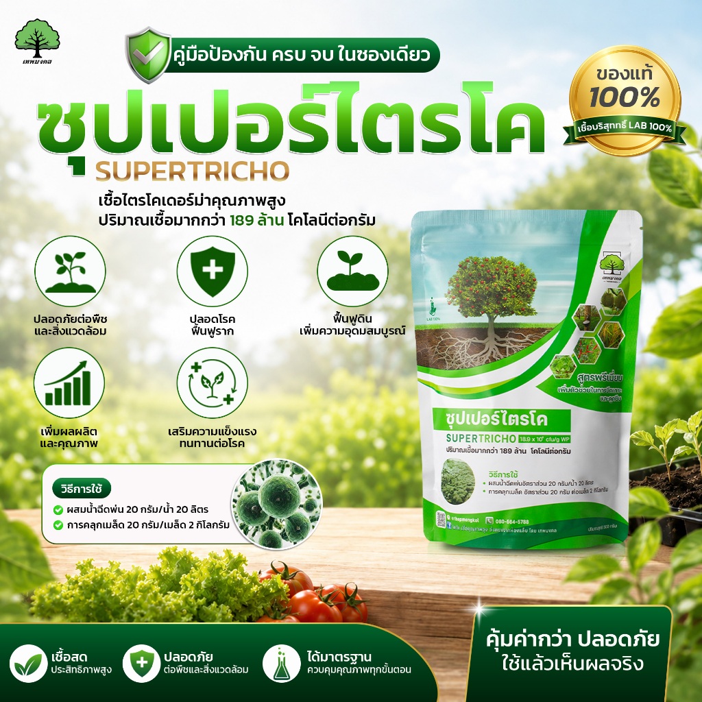 ซุปเปอร์ไตรโค ตราเทพมงคล หัวเชื้อไตรโคเดอร์ม่า กำจัดเชื้อราสาเหตุโรคพืช สูตรเข้มข้น ชนิดผง 500 กรัม