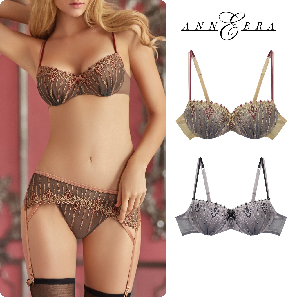 Annebra บราเสริมทรง ตะขอหลัง ทรง1/2เต้า มีโครง เสริมฟองน้ำ Push Up Mold Bra รุ่น AB1-544 สีเทา-ดำ