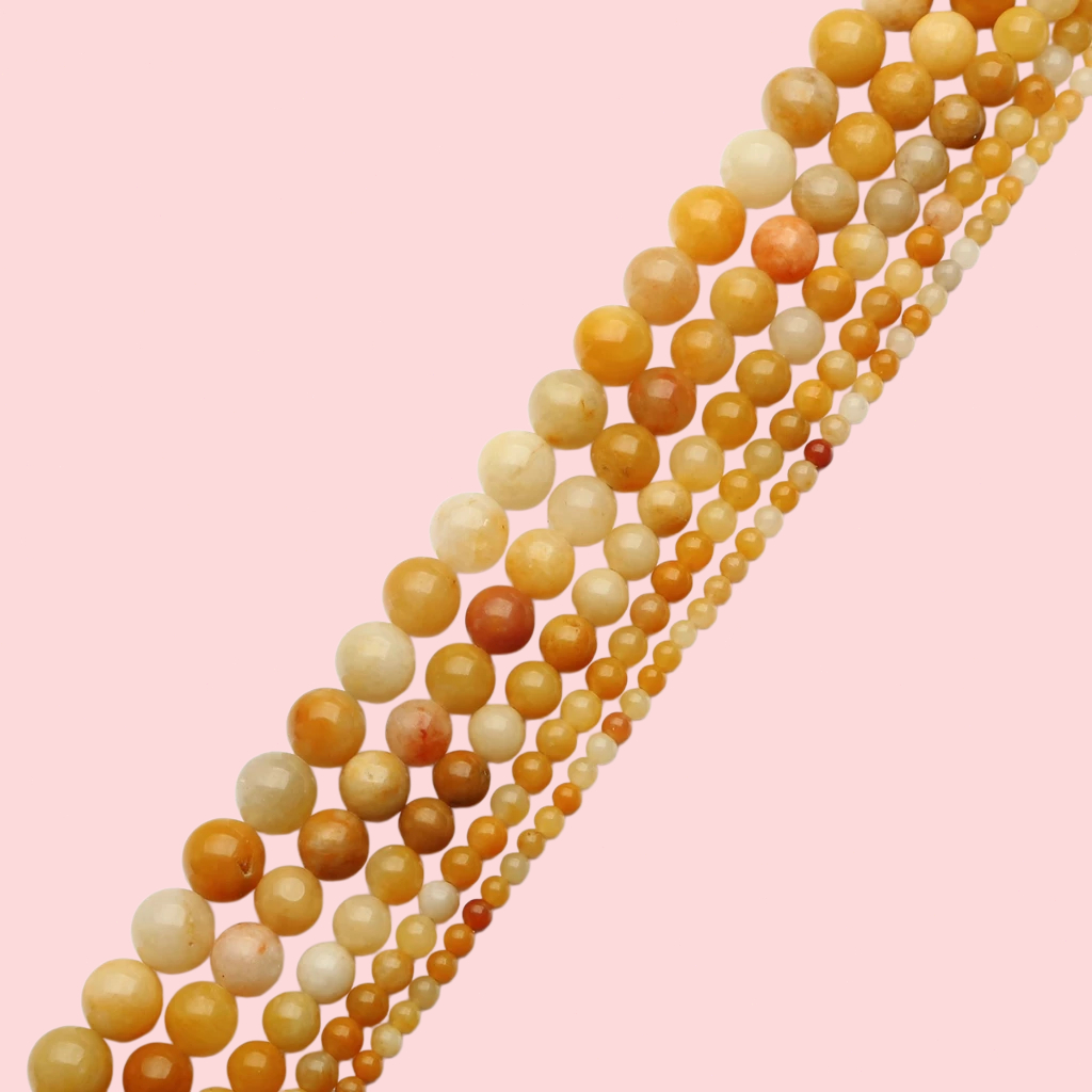 ลูกปัดหินธรรมชาติเจดีเหลืองหลากสี เนื้อเรียบ ทรงกลม ขนาด 4/6/8/10/12mm ลูกปัดเว้นระยะสำหรับทำเครื่องประดับ DIY สร้อยข้อม