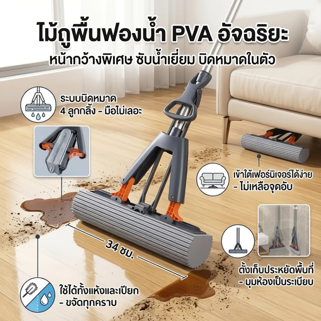 ไม้ถูพื้นฟองน้ำ PVA ด้ามอลูมิเนียม ดูดซับน้ำได้ดี ใช้ได้ทั้งพื้นเปียกและแห้ง ขนาด 28/34 ซม.