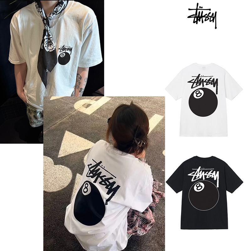 BASIC S1TUSSY TEE คลาสสิกสีดำแปดบิลเลียดพิมพ์ลายเสื้อยืดแขนสั้นคอกลมหลวมสำหรับผู้ชายและผู้หญิง