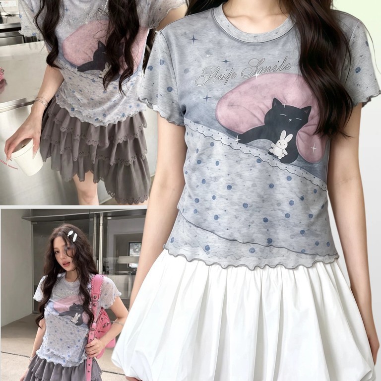 OG เกาหลีสไตล์สาวแซ่บลายแมวน้อยแบบบางผ้าตาข่ายเสื้อยืดแขนสั้นทรงเข้ารูปรุ่นสั้นแต่งจับจีบเสื้อ