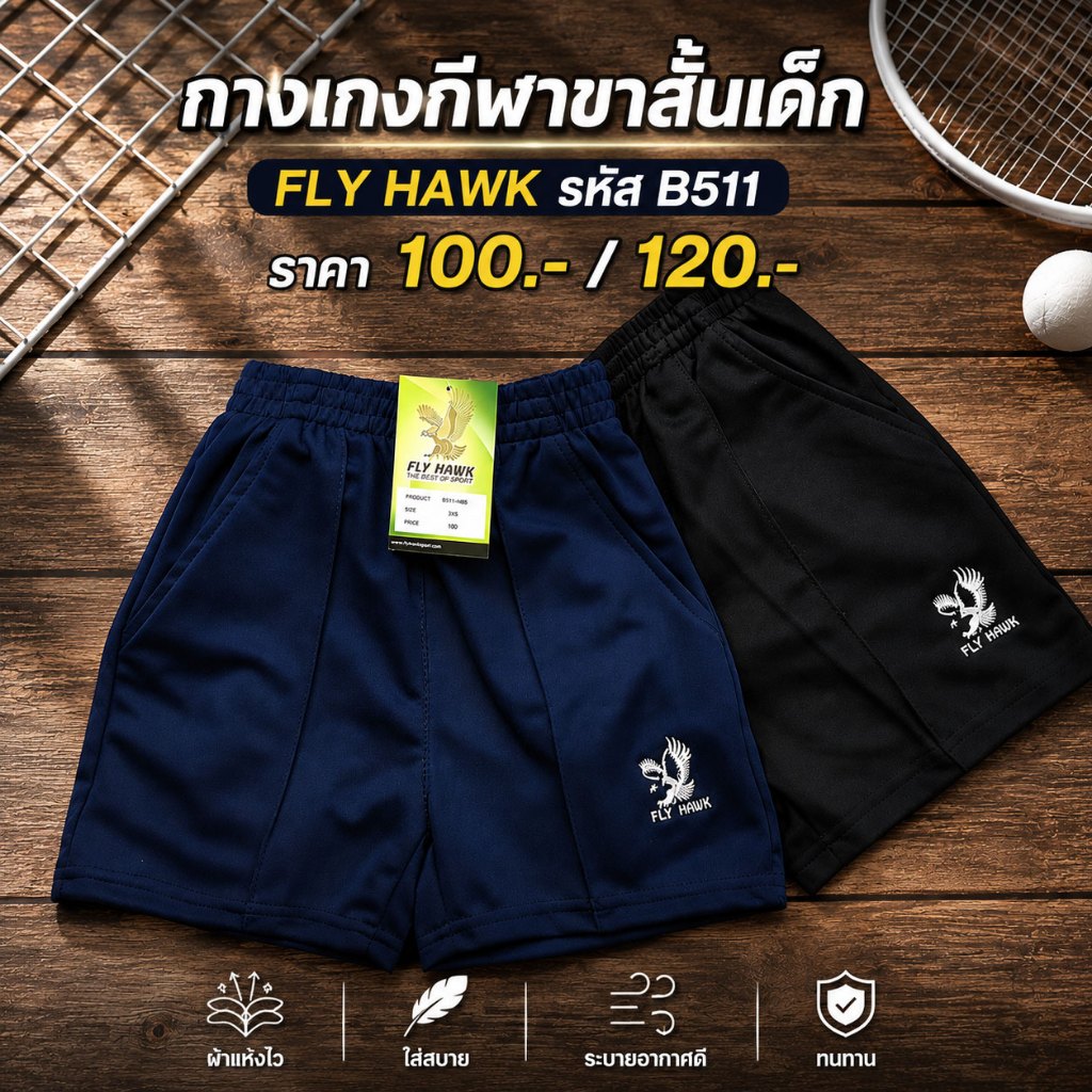 กางเกงกีฬาขาสั้นเด็ก FLY HAWK รหัส B511/B สีดำ , B511/N สีกรม