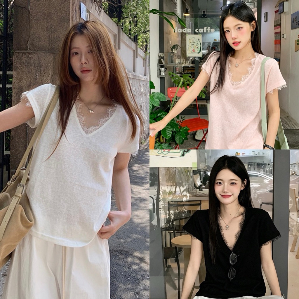 BY0624 เสื้อคอวี ผ้าบางคอตตอนสลาฟ แต่งลูกไม้ benly co