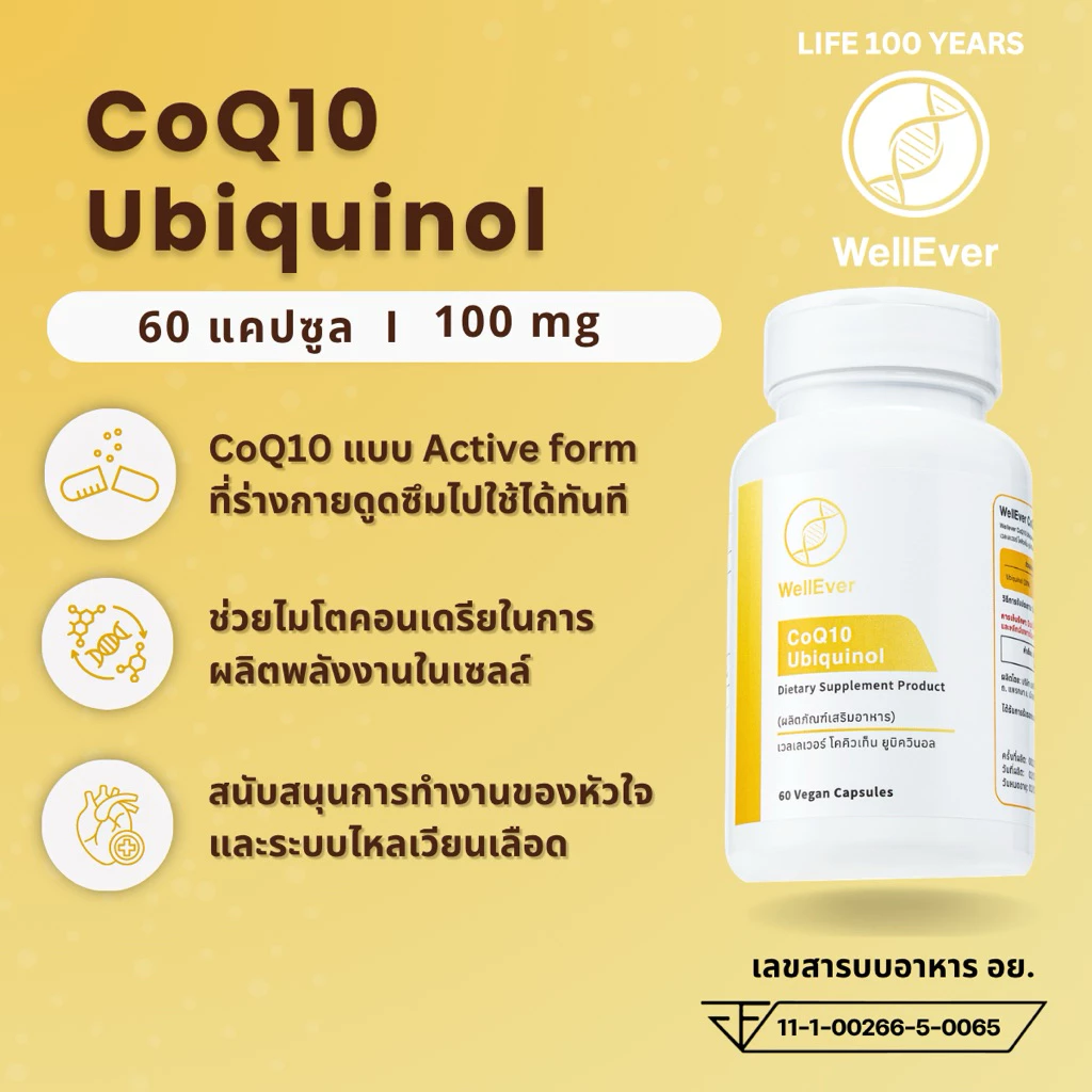 CoQ10 Ubiquinol (60 แคปซูล) WellEver โคคิวเทน ยูบิควินอล 100mg