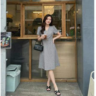 PNK047 Mila Dress✨ เดรสคอวี แขนสั้น กระดุมหน้า ผ้าทิ้งตัวสวย ใส่แล้วดูสุภาพ เรียบร้อย Pinky Dressy