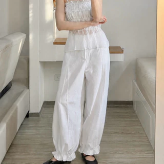 Tofu pants กางเกงเอวสม็อคขนาดใหญ่พิเศษ ดีเทลจั๊มพ์ปลายขา