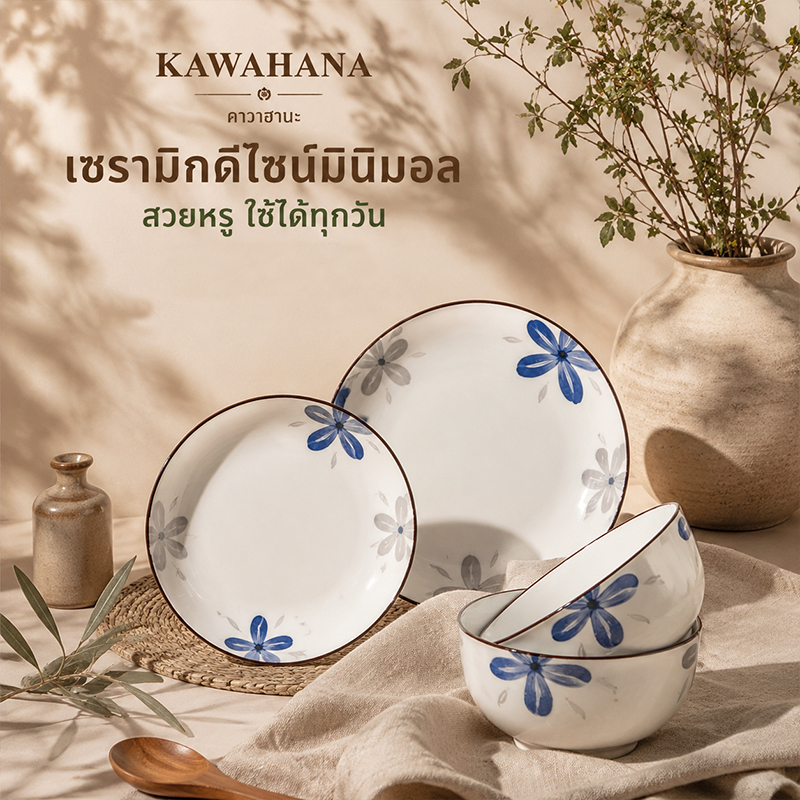 Kawahana ชุดเครื่องครัวลายดอกไม้ฟ้า จานชามดีไซน์ละมุน ราคาดี เซรามิกเนื้อหนา คุณภาพพรีเมียม เข้าไมโครเวฟได้