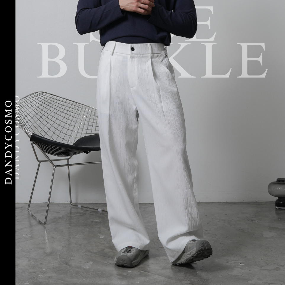 DANDY COSMO |[2สี] กางเกงผู้ชาย SIDEBUCKLE Relax Pant ทรง Relax ดีไซน์ Side Buckle ปรับเอวได้ ผ้าเท็กซ์เจอร์ลายตรง