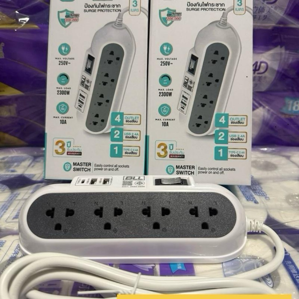 BLL ปลั๊กพ่วงทาวเวอร์ 4, 7, 8 ช่อง 2 USB และมี Type C ขนาดสายยาว 3 เมตร รุ่นตัดไฟอัตโนมัติ ประกัน 5ปี มอก. ดีไซน์ทันสมัย