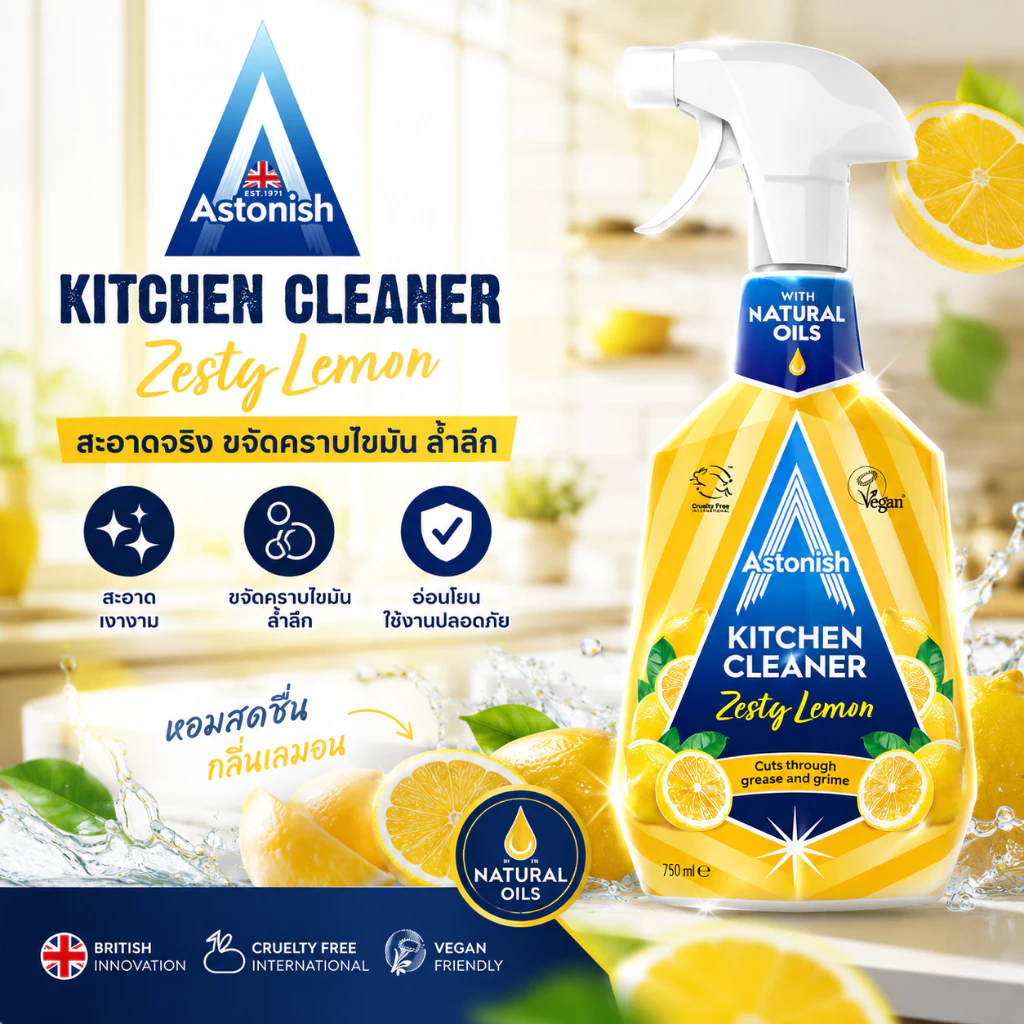 Astonish Kitchen สเปรย์ทำความสะอาดห้องครัว ขจัดคราบไขมัน คราบเหนียว คราบอื่นๆ กลิ่นหอม ขนาด 750 มล