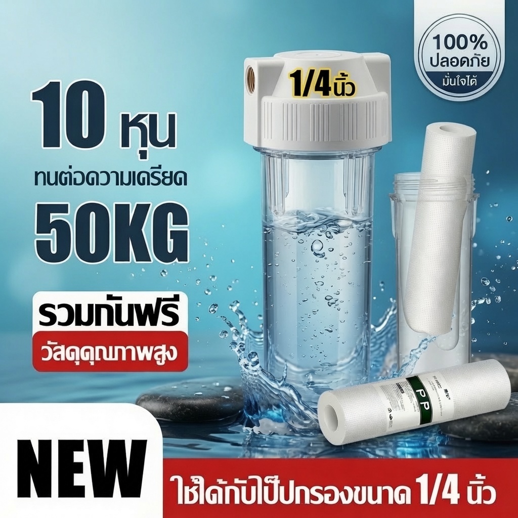 กระบอกกรองน้ำ 10 นิ้ว 2 หุน แบบใส Housing (1/4") กรองน้ำประปา