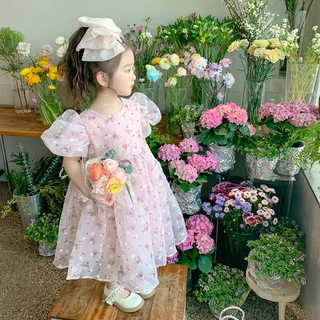PRINCESS KESLI 2-12 ปี เดรสเด็กหญิง ชุดเดรสเด็กผู้หญิง ชุดเจ้าหญิงลายดอก สไตล์เกาหลี ชุดสั้นแขนฟู ผ้าตาข่าย