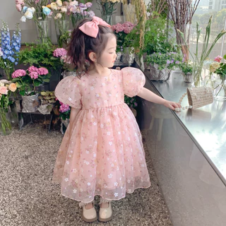 PRINCESS KESLI 2-12 ปี เดรสเด็กหญิง ชุดเดรสเด็กผู้หญิง ชุดเจ้าหญิงลายดอก สไตล์เกาหลี ชุดสั้นแขนฟู ผ้าตาข่าย
