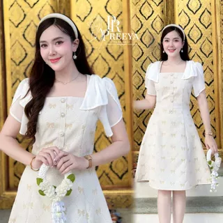 D04 ชุดผ้าไทย แบรนด์ปรียา เดรสผ้าแจ็คการ์ด (Jacquard) ทิ้งตัวสวย ใส่สบาย คัตติ้งเนี๊ยบ มีไซส์ S-2XL ชุดเดรสทำงาน