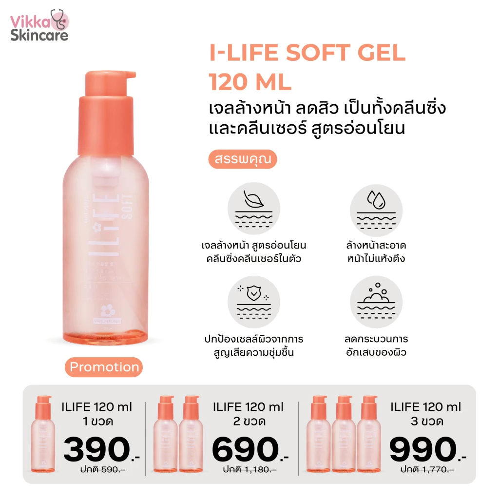 VIKKASKICARE I-LIFE SOFT 120 ml เจลล้างหน้าลดสิว คลีนซิ่งคลีนเซอร์ สูตรอ่อนโยน ลดสิว ควบคุมคุมมัน ล้างเครื่องสำอางออก