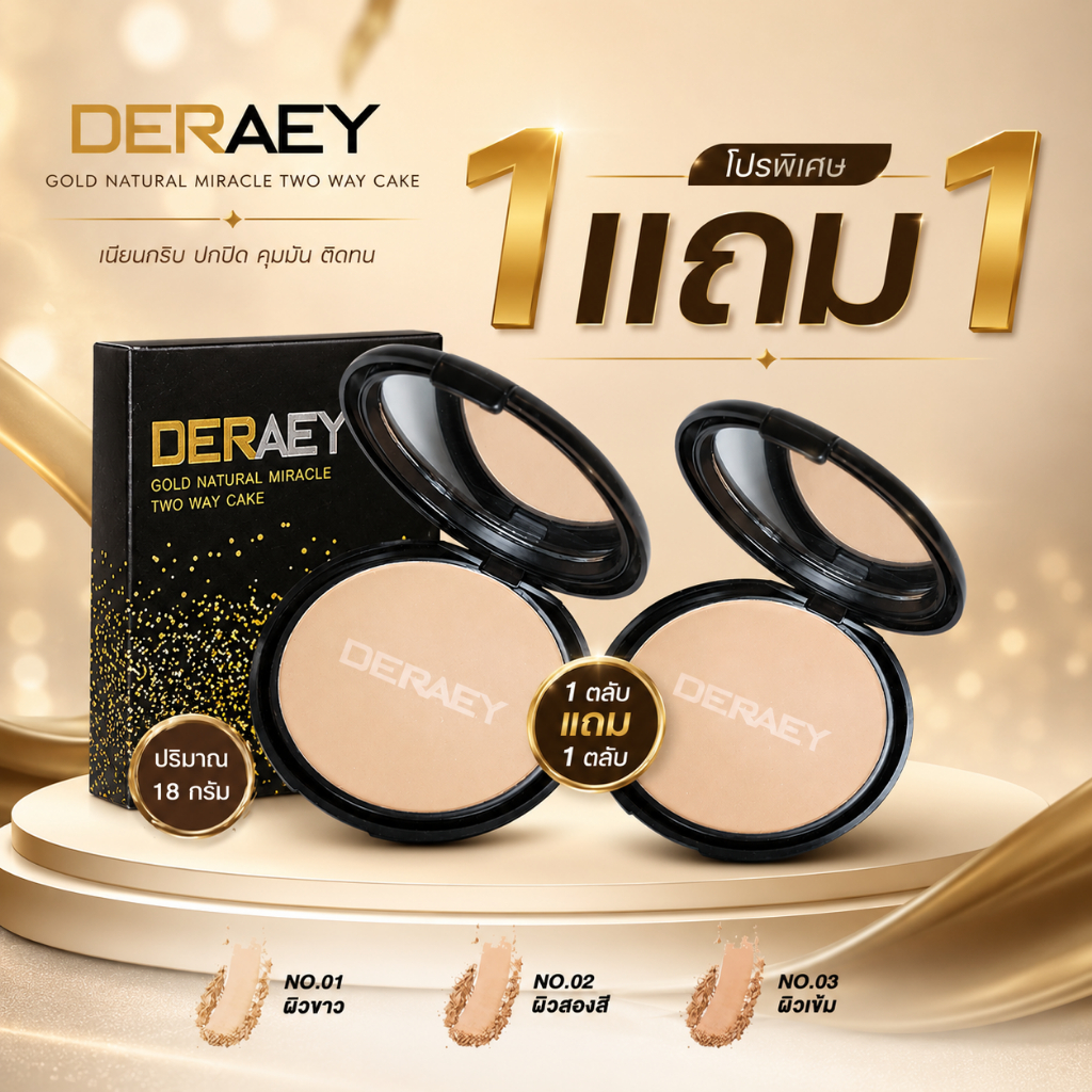 DERAEY (1แถม1 ตลับ) GOLD NATURAL MIRACLE TWO WAY CAKE POWDER 01ผิวขาว/02สองสี/03ผิวเข้ม