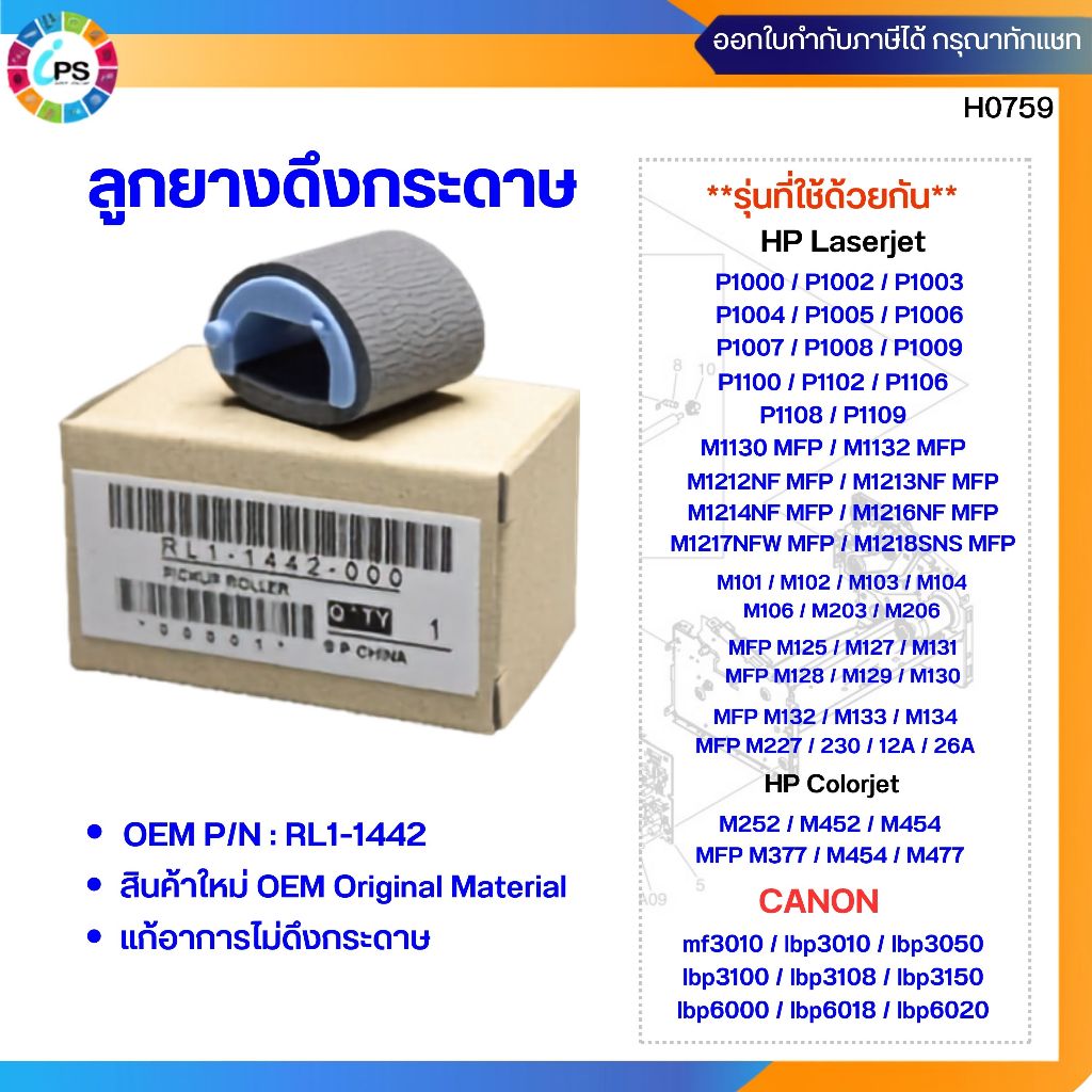 RL1-1442 ลูกยางดึงกระดาษ HP Laserjet P1102/P1005/1006/M101/M125/M130/Canon LBP 6000/6030 pick up roller (แท้)