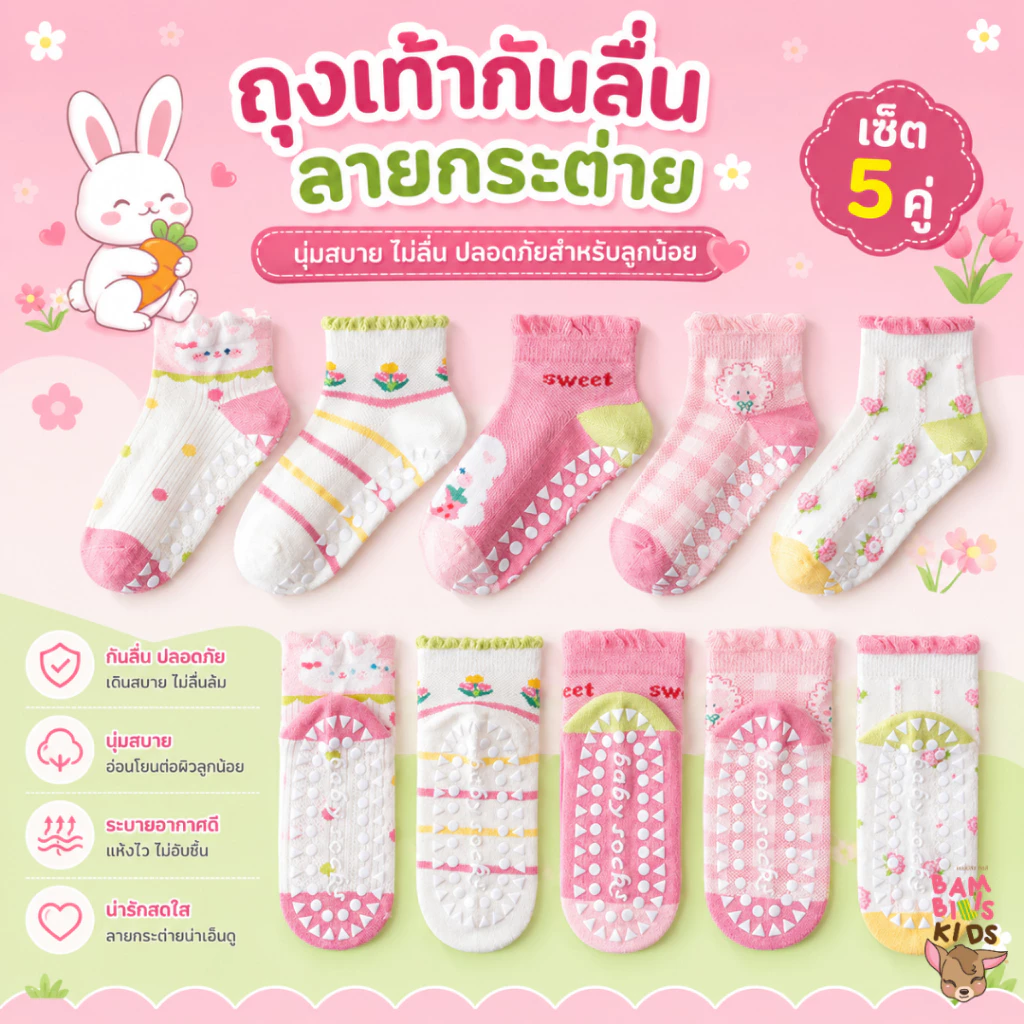 Bambilis : ⚡พร้อมส่ง⚡ ถุงเท้าเด็ก ถุงเท้าเด็กกันลื่นข้อสั้น 1 แพคมี 5 คู่ ลายกระต่าย