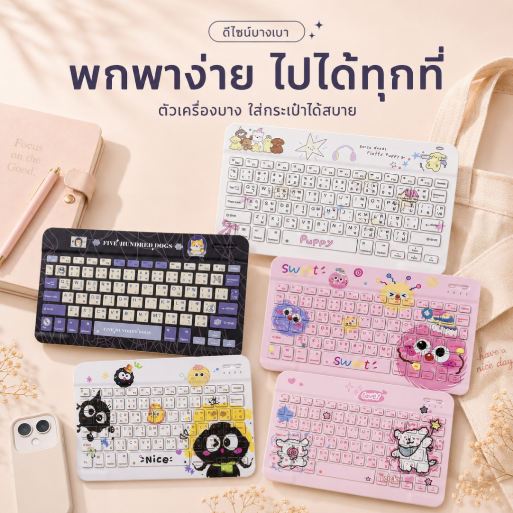 คีย์บอร์ดตัวบลูทูธ Keyboardภาษาไทย-อังกฤษ ใช้ได้ กับไอแพค ไอโฟน แท็บเล็ต ซัมซุง หัวเว่ย คีย์บอร์ดบลูทูธไร้สายIOS Android