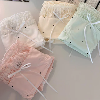 🎁4 แพ็ก🎁ชุดชั้นในสตรี โบว์ผูกน่ารัก ชุดชั้นในลายจุดหวาน ลูกไม้กลวง เป้าผ้าฝ้าย ชุดชั้นในยืดนุ่มและสบาย