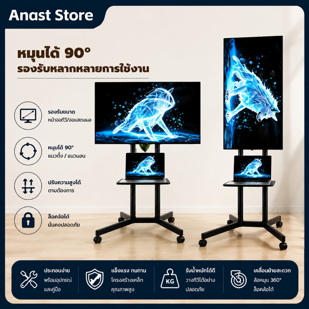 ขาตั้งทีวี 90° การหมุน 32-95 นิ้ว ทั่วไป เคลื่อนย้ายได้มีล้อ พร้อมถาด ปรับได้ TV Stand