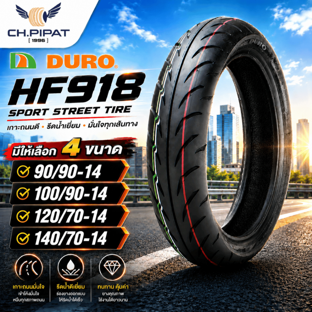 ยางมอเตอร์ไซค์ DURO HF918 (TL) ขนาด 90/90-14, 100/90-14, 120/70-14, 140/70-14 ยางไม่ใช้ยางใน ขอบ 14 