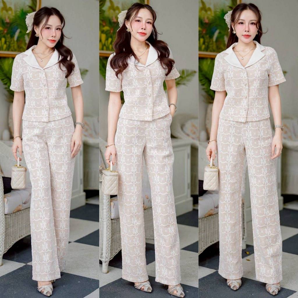 CM ชุดเซตลูกไม้สีขาว set เสื้อแขนสั้นคอปก + กางเกงขายาวทรงกระบอกใส่สุภาพ ดูเรียบหรูผู้ดีสุดๆ ผ้าทอลูกไม้ ชุดใส่ไปทำบุญ