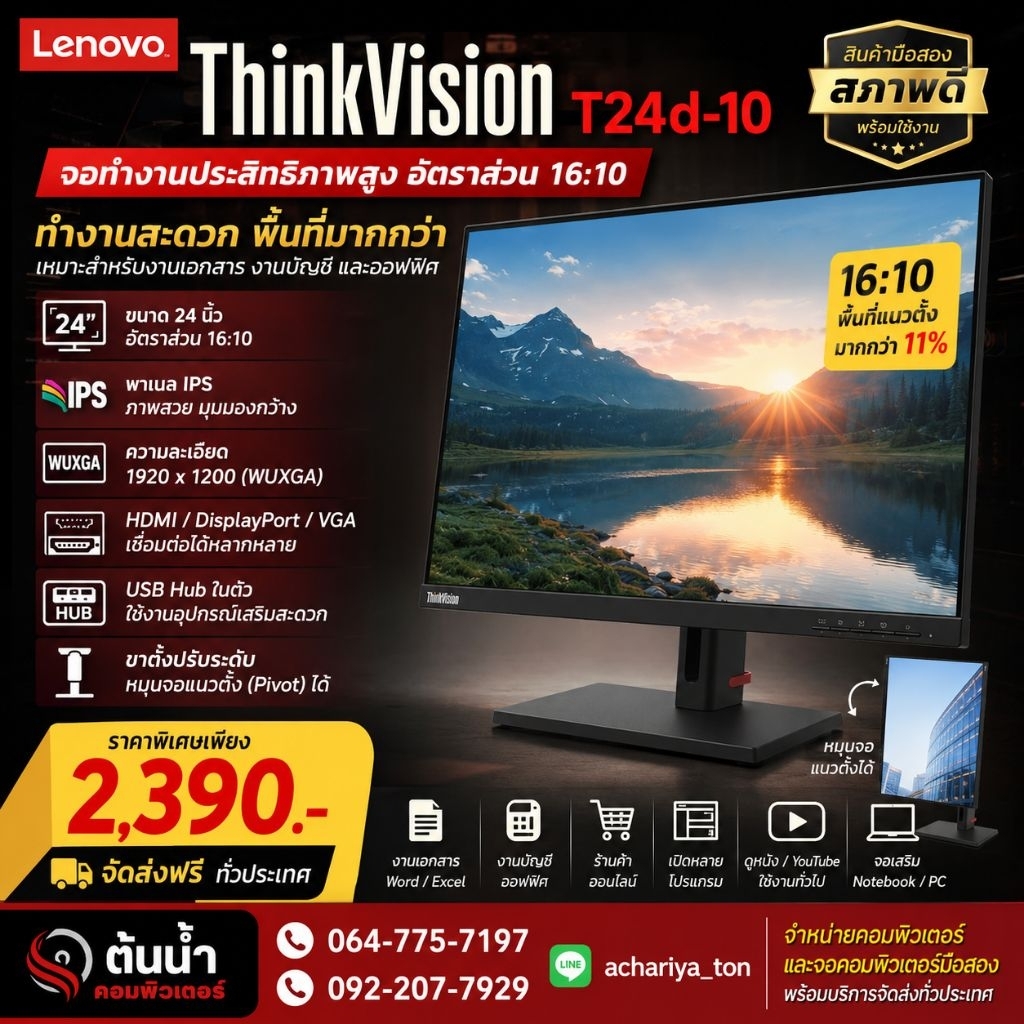 จอคอม 24" 16:10 Lenovo LED หมุนตั้งได้ มี HDMI