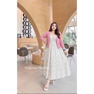 (NK) เซต เดรสยาวสายเดี่ยว+เสื้อคลุม ลายดอกไม้ (อก40-60“) สวย หวานละมุนมาก ใส่ไปคาเฟ่หรือทะเลได้เลย เสื้อผ้าสาวอวบอ้วน