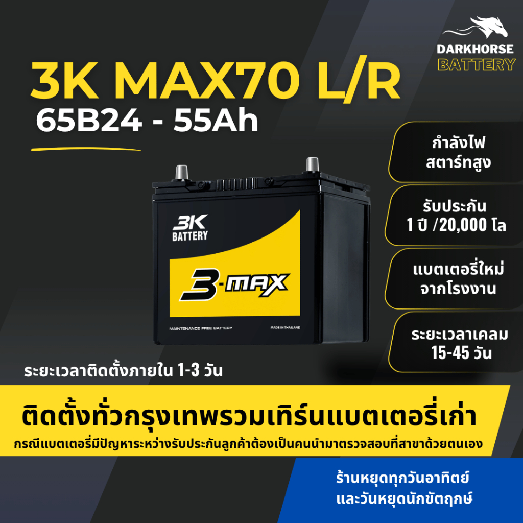 (มีติดตั้งพร้อมเทิร์น) แบตเตอรี่รถยนต์ 3K MAX70L/R (65B24) 55Ah | เหมาะกับ Civic Mazda2 Vios | รับปร
