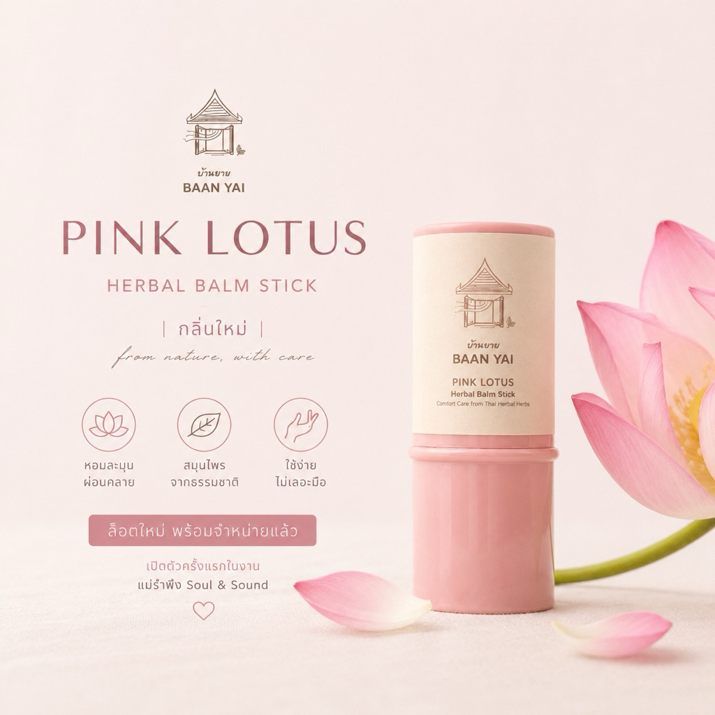 BAAN YAI Pink Lotus Herbal Balm Stick บาล์มสมุนไพรแท่ง กลิ่นดอกบัวชมพู หอมผ่อนคลาย พกพาสะดวก ไม่เลอะมือ