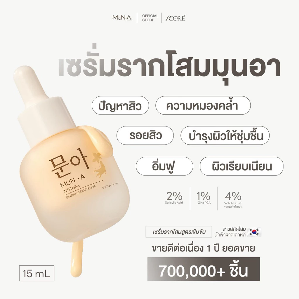 MUN-A SERUM เซรั่มรากโสม มุนอา ให้ความชุ่มชื้น กระชับรูขุมขนดูดซึมง่าย เซรั่มมุนอา 1 ขวด 15 ml.