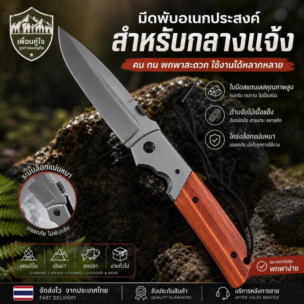 มีดพับแคมป์ปิ้ง 20cm มีดพกพา ความแข็งสูง สำหรับเดินป่า ตกปลา เอาตัวรอด Outdoor Folding Knife