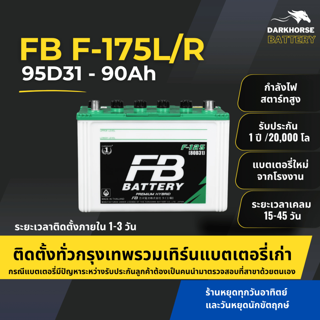 (มีติดตั้งพร้อมเทิร์น) แบตเตอรี่รถยนต์ FB Battery F175L/R (90D31) 90Ah | เหมาะกับ Vigo Fortuner | รั