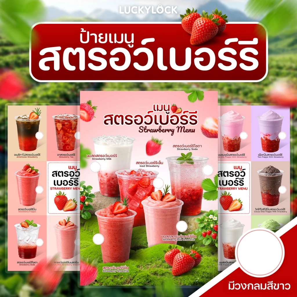 ป้ายเมนูรวมเครื่องดื่มสตรอว์เบอร์รี (มีวงสีขาว) ป้ายโปสเตอร์ ร้านค้าและคาเฟ่ แบบเคลือบแข็งพร้อมใช้งาน